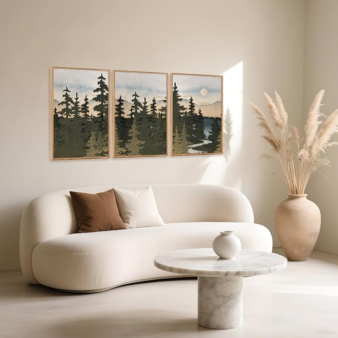 HPNIUB Vintage Mountain Framed Canvas Wall Art Set, Boho Sunrise Art Prints, Forest Nature Wilderness Art Paintings, Abstract Farmhouse Pine Tree Wall Decor for Living Room Bedroom, Office- 16"x24"x3-Ruum Studio Home