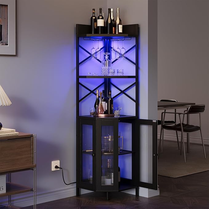 Corner Bar Cabinet with Power Outlet, 5-Tier Corner Wine Cabinet with Led Strip and Glass Holder, Industrial Tall Liquor Cabinet Bar Wine Rack for Home，Black-Ruum Studio Home