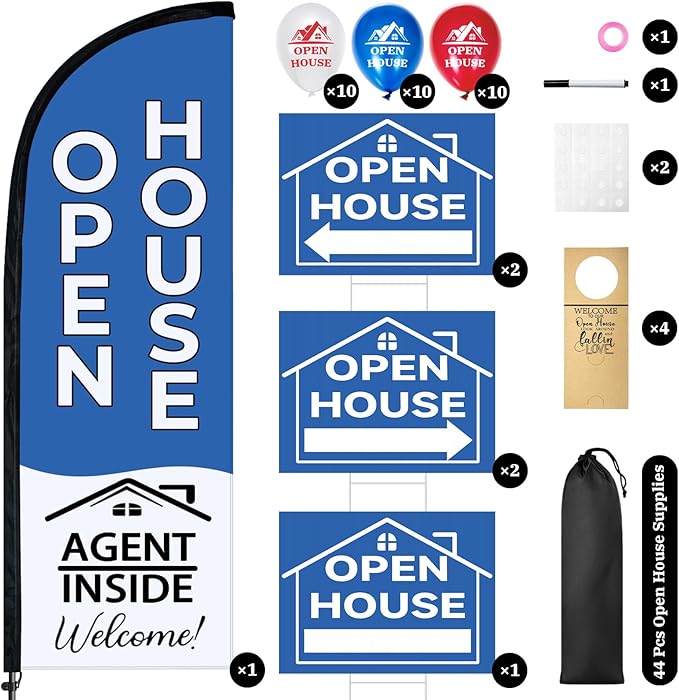 44 Pcs Open House Signs for Real Estate Agent Supplies, Double Sided Open House Flag Kit for Outside, 7.6 x 5.4 Ft Blue Banner Flag Poles Set with Directional Arrows Yard Sign Stakes Balloons-Ruum Studio Home