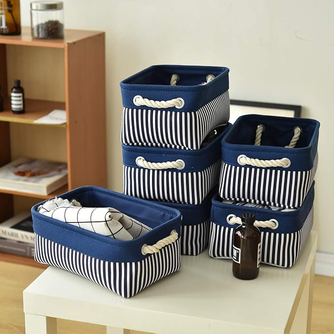 TcaFmac Small Storage Baskets [6 Pack] - Navy Blue Rectangular Storage Bins with Blue Stripes-Ruum Studio Home