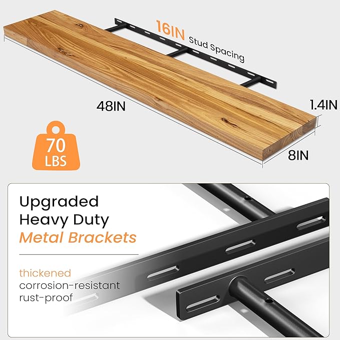Fun Memories Wood Floating Shelves for Wall, 48 Inch Floating Shelves Wall Mounted, Rustic Elm Wood Shelf for Home Decor, Heavy-Duty Storage Shelves for Living Room, Bathroom, Kitchen, Natural Finish-Ruum Studio Home