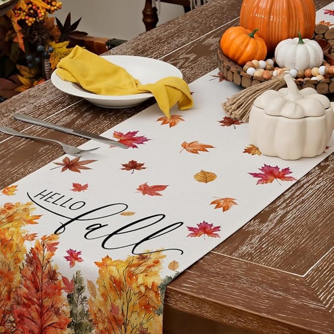 GEEORY Fall Watercolor Trees & Maple Leaves Table Runner 13x72 Inch, Rustic Farmhouse Autumn Thanksgiving Decor for Kitchen, Dining, Indoor/Outdoor Holiday Dinner Party Orange Red GT160-72-Ruum Studio Home