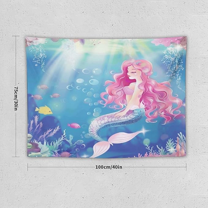 HZOHNAGO Mermaid Girls Tapestry Watercolor Mermaid Princess Pink Hair Pattern for Kids Room Decoration Printed Wall Tapestry Wall Hanging for Bedroom Living Room Dorm 40" W x 30" H-Ruum Studio Home