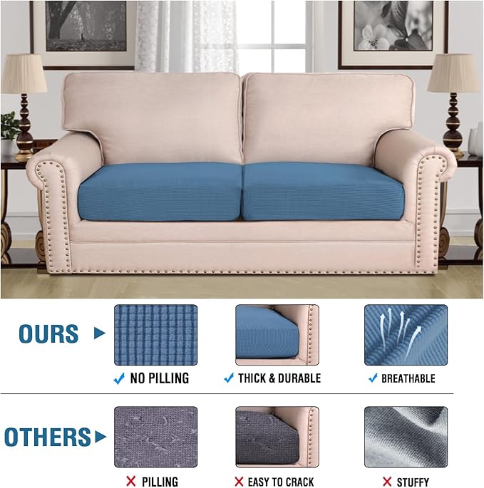H.VERSAILTEX Super Stretch Individual Seat Cushion Covers - Sofa & Couch Cushion Slipcover Sets - Thick Jacquard Textured Twill Fabric (2 Piece Large, Dusty Blue)-Ruum Studio Home