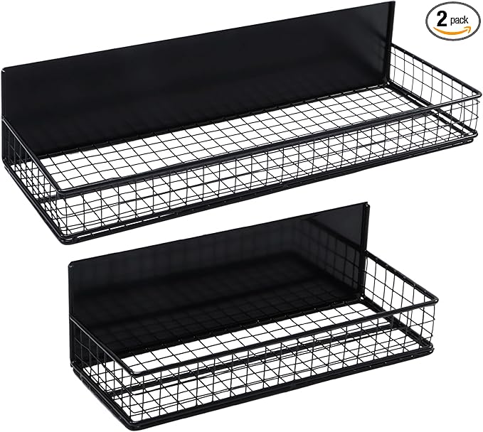 Magnetic Storage Basket, Magnetic Shelf for Fridge,Magnetic Spice Rack Wire Mesh Magnetic Organizer Holder Accessories for Office Kitchen Classroom Storage, Black-Short, Large x1&Small x1 Set of 2-Ruum Studio Home