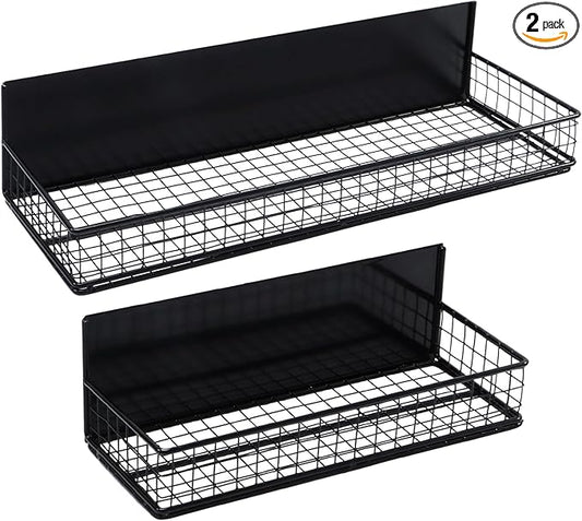 Magnetic Storage Basket, Magnetic Shelf for Fridge,Magnetic Spice Rack Wire Mesh Magnetic Organizer Holder Accessories for Office Kitchen Classroom Storage, Black-Short, Large x1&Small x1 Set of 2-Ruum Studio Home