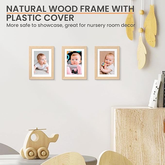 upsimples 5x7 Picture Frame, Natural Solid Wooden Picture Frames, Display 4x6 with Mat or 5 x 7 Without Mat, Wall or Tabletop, 1 Pack, Natural-Ruum Studio Home