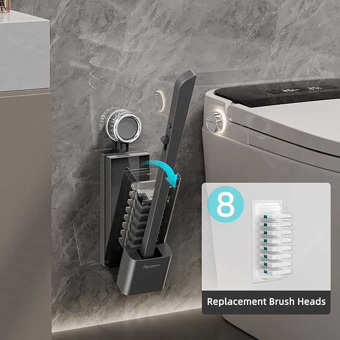 Disposable Toilet Brush with Replaceable Heads, Wall-Mounted Holder, Hygienic Bathroom Cleaning Tool (Dark Grey Toilet Brush + 8 Refills)-Ruum Studio Home