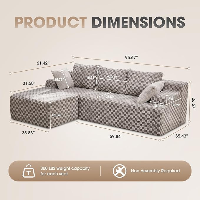 Hobestluk 96” Modular Sectional Sofa Couches L-Shape Couch 3 Seat Modular Sofa Memory Foam Sectional Couches for Living Room, Cloud Couch with Oversized Chaise (Grey, Checked (Left Facing Chaise))-Ruum Studio Home