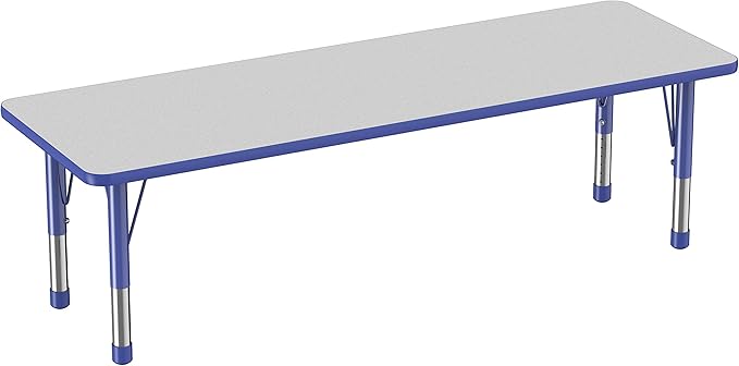 FDP Rectangle Activity School and Classroom Kids Table (24 x 72 inch), Chunky Toddler Legs, Adjustable Table Height 15-24 inches - Gray Top and Blue Edge-Ruum Studio Home