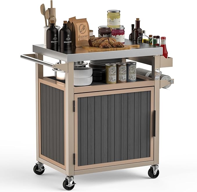 Skyflame Outdoor Grill Cart with Storage on Wheels, Rolling Kitchen Island with Stainless Steel Table Top, Multifunctional BBQ Food Prep Table with Magnetic Single Door for Patio Backyard Garden Deck-Ruum Studio Home