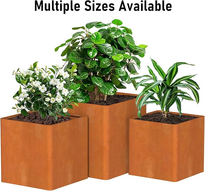 Corten Steel Large Square Planter 26"x26"x26, Cube Metal Planter Pot with Drainage Holes for Outdoor, Large Flower Pots for Patio Deck and Yard-Ruum Studio Home