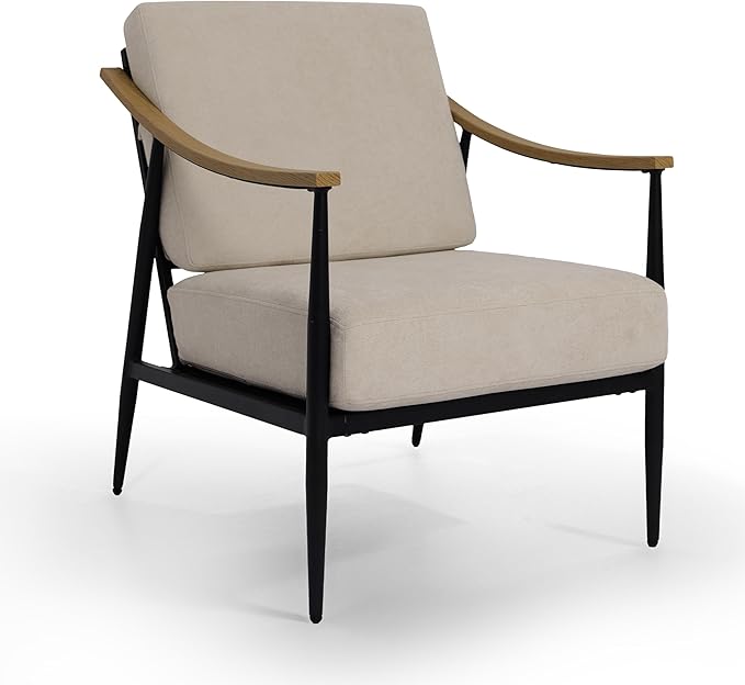 Modern Accent Chair for Living Room Bedroom Mid Century Arm Chair Upholstered Office Accent Chair Comfy Waiting Room Chair with Metal Frame, Beige-Ruum Studio Home