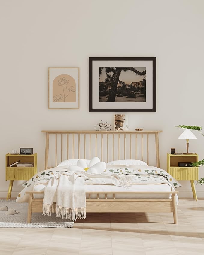 Nightstand,Modern Bedside Table with Storage Drawer and Open Wood Shelf, Accent Night Stand with Solid Wood Legs for Living Room, Bedroom and Small Spaces,Easy Assembly (Yellow Oak)-Ruum Studio Home