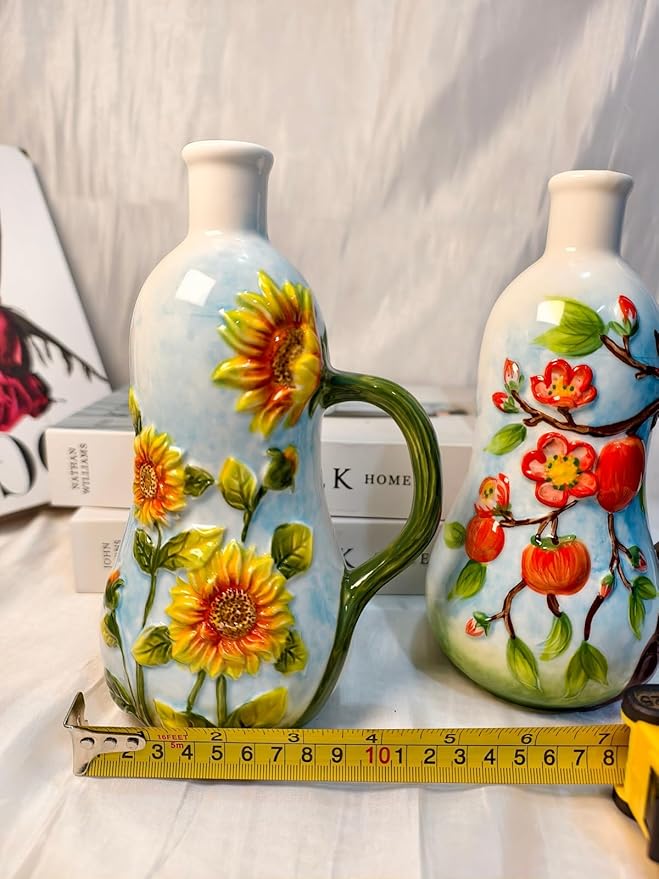 18 Oz Hand Painted Relief Ceramic Olive Oil Bottle Dispenser for Kitchen, Oil and Vinegar Bottle, Seasoning Bottle with Stainless Steel Nozzle, 540mL Oil Container with Handle for Cooking, Light Proof-Ruum Studio Home