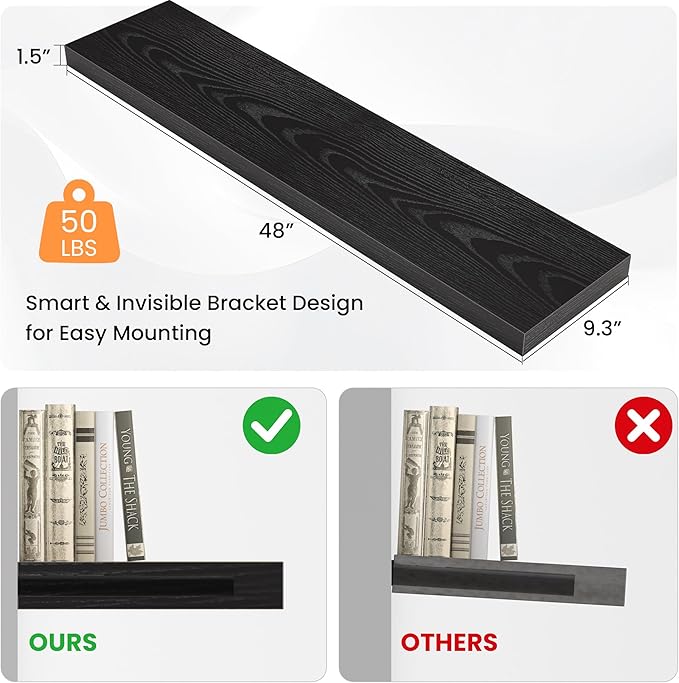 Floating Shelves for Wall, 48" W x 9.3" D x 1.5" H, Wooden Wall Mounted Display Shelves with Invisible Brackets for Living Room, Bedroom, Bathroom, Kitchen Decor and Storage, Set of 1, Black-Ruum Studio Home