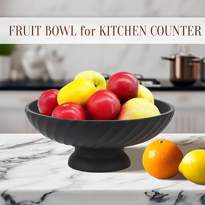 Large Resin Pedestal Decorative Bowl - Modern Fruit Bowl for Kitchen Counter - Handicraft Bowls for Home Decor - Key Bowl for Entry Table,Matte Black-Ruum Studio Home