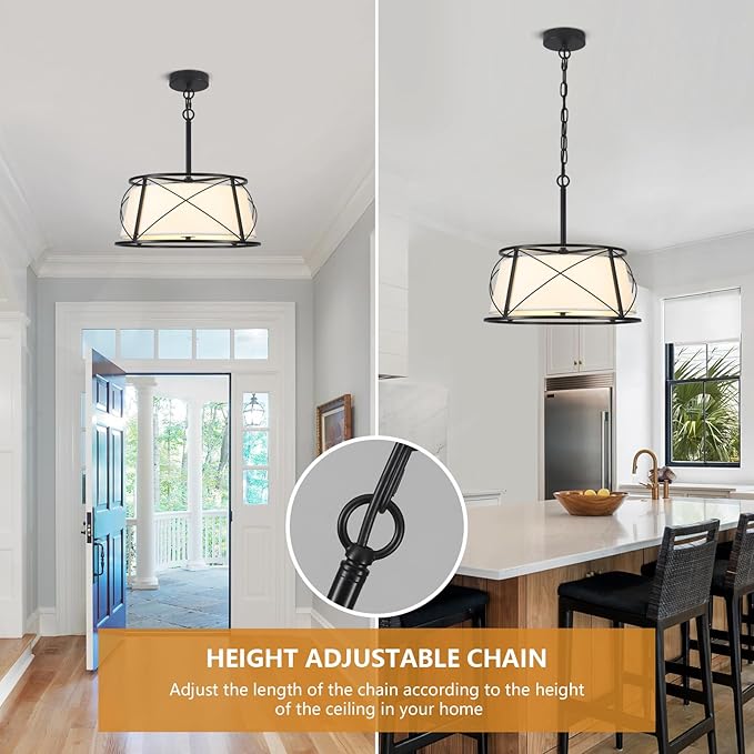 15.7" Black Drum Chandelier,3-Light Modern Farmhouse Chandelier,White Fabric Drum Shade Pendant Light Fixture for Dining Room Kitchen Island Bedroom Entryway-Ruum Studio Home