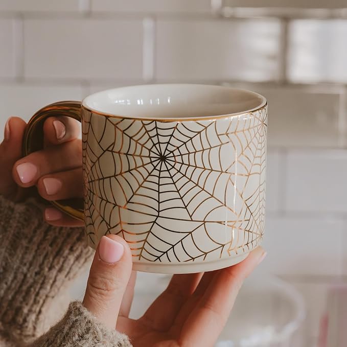 Sweet Water Decor Gold Spiderwebs Mug, 14oz Fine Bone China Coffee Cup with Gold Handle, Cute Halloween Decorations for Home, Spider Web Mug Fall Seasonal Decor, Spooky Season Gifts for Women-Ruum Studio Home