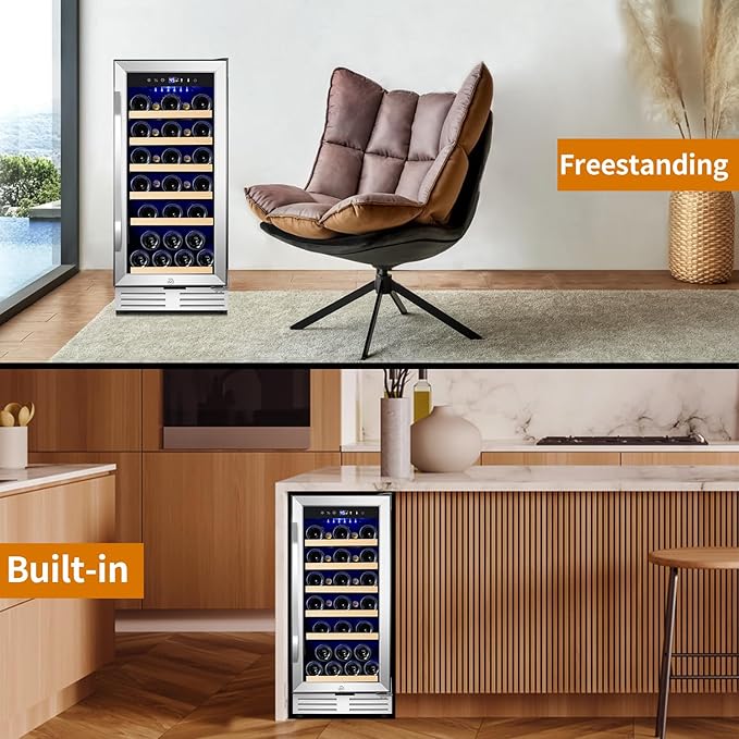 15 Inch Wine Fridge 32 Bottles Wine Cooler Refrigerator Undercounter Wine Fridge with Glass Door, LED Light, Removable Wooden Shelves, Built-in or Freestanding Wine Refrigerator for Home Office Bar-Ruum Studio Home