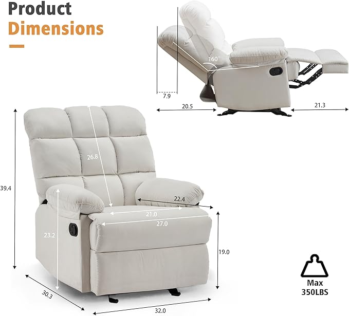 Rocker Recliner Chair, Overstuffed Manual Rocking Recliner for Adults, Upholstered Comfy Soft Fabric Living Room Reclining Sofa Chair (Beige Fabric)-Ruum Studio Home