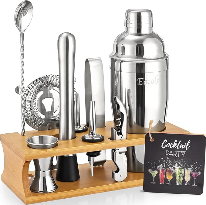Bartender Kit Cocktail Shaker Set with Stand Bar Tool Bar Set for Drink Mixing Home Bartending Kit 11-Piece Bar Cart Accessories: Martini Shaker, Mixer Spoon, Jigger, Muddler, Strainer & Recipes Gifts-Ruum Studio Home
