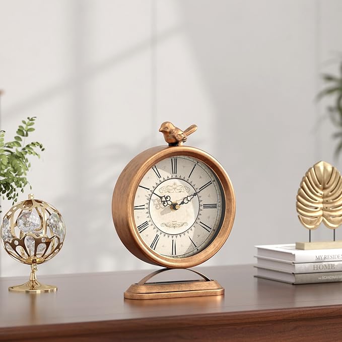 Vintage Table Clock with Bird, European Antique Style Gold Mantel Clocks, Desk and Shelf Decor Clock, for Farmhouse, Bedside, Living Room, Bedroom, Gift (9" H x 6.5" W)-Ruum Studio Home