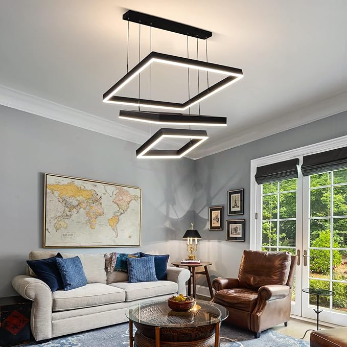 Modern LED Square Chandelier, 3 Ring Dimmable for Living, Dining, Bedroom & Foyer - High Ceiling Hanging LED Pendant Light Fixture (Black)-Ruum Studio Home