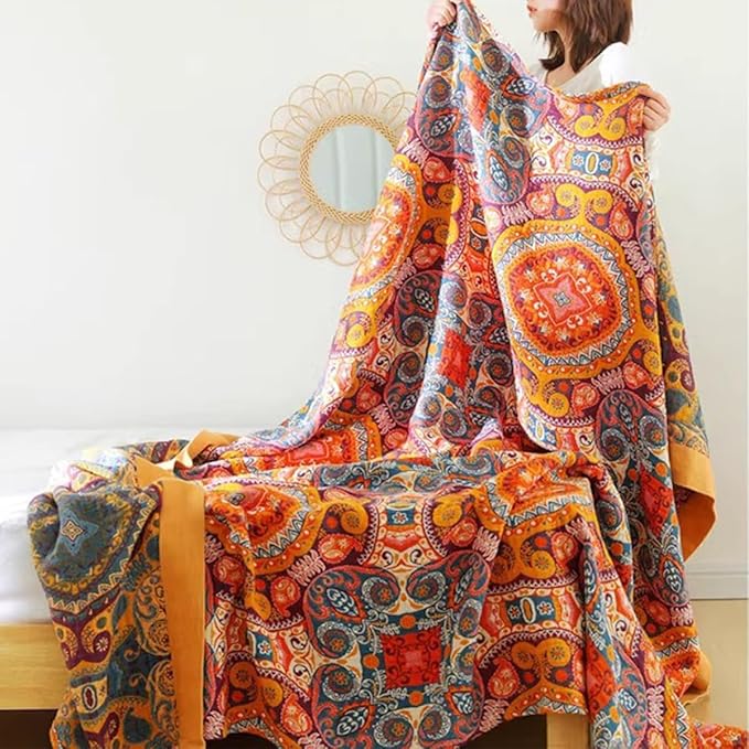 Boho Muslin Blanket for Adults 4-Layer Gauze 80 x 90 Inches Soft Cozy 100% Cotton Summer Cooling Blanket Geometric Floral Decor for Sofa Bed Coverlet Both Sides (A Boho Figure Orange, 80 x 90 in)-Ruum Studio Home