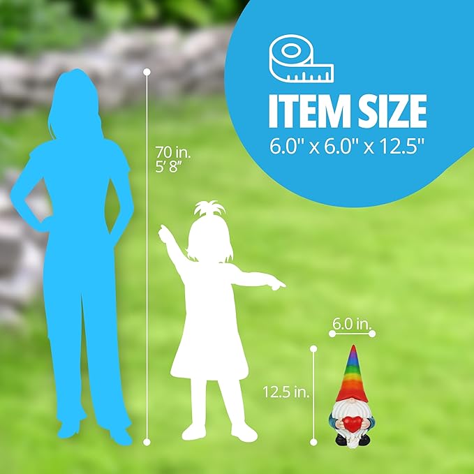 Exhart Garden Gnome, Solar Garden Gnome Statue with Heart, LED Rainbow Hat, Cute Outdoor Garden Decoration, 6 x 12.5 Inch, Multicolor, Resin-Ruum Studio Home