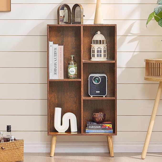 LEYAOYAO 5 Cube Small Bookshelf,3 Tier Mid-Century Bookcase with Legs,Wood Bookshelves Storage Organizer Shelf,Narrow Book Shelves,Brown Bookcases-Ruum Studio Home