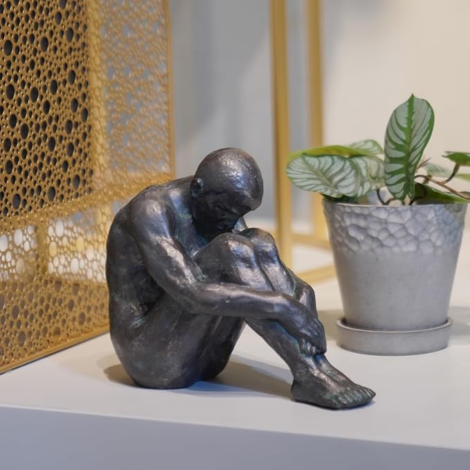 Guichifun Sitting Man Sculptures Home Decor - Resin Bronze Male Holding Arms Legs Lonely Statues Decorative Objects Outdoor Gift for Men 7.5 x 3.7 x 5.8 Inch-Ruum Studio Home