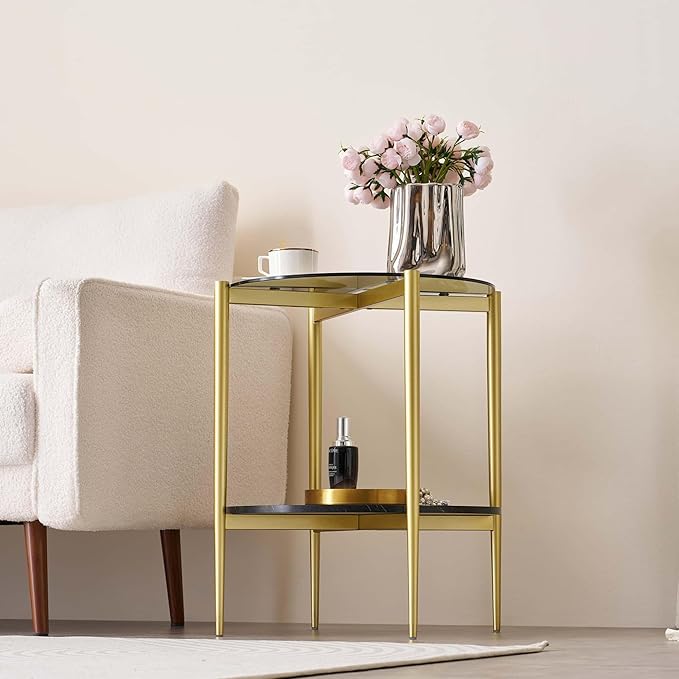 Round Glass End Table, Mid-Century Modern Design Sofa Table for Living Room, D18 x H23 in, 2-Tier Structure, Grey Glass Top and Black Marble Shelf, Sleek Conical Legs with Gold Finish Frame-Ruum Studio Home