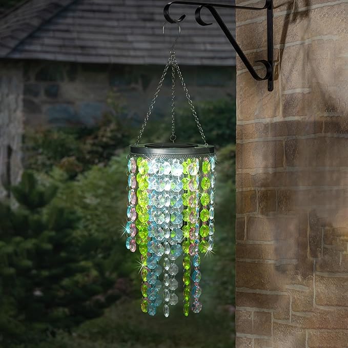 Hanging Solar Lantern Outdoor, 2 Tiers 21” Solar Multicolor Acrylic Beaded Chandelier with Cool White LED S Hooks for Garden Yard Patio Gazebo Outside Decor-Ruum Studio Home