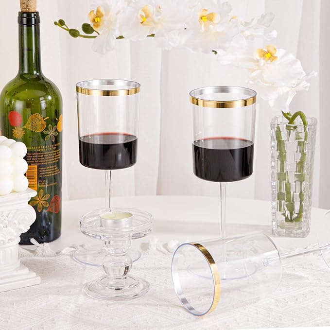 Ciaell 12 Pack Plastic Wine Glasses - 14 Oz Plastic Wine Glasses with Stem - Square Gold Disposable Stemmed Glass for Parties & Weddings & Outdoors & Thanksgiving-Ruum Studio Home