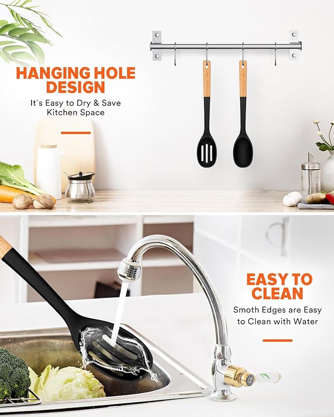 Silicone Cooking Spoons, Great for Scooping Sides and Serving Hearty Stews, BPA-Free Matte Silicone, Wooden Handle Serving Spoon for Nonstick Cooking Surfaces (Black)-Ruum Studio Home