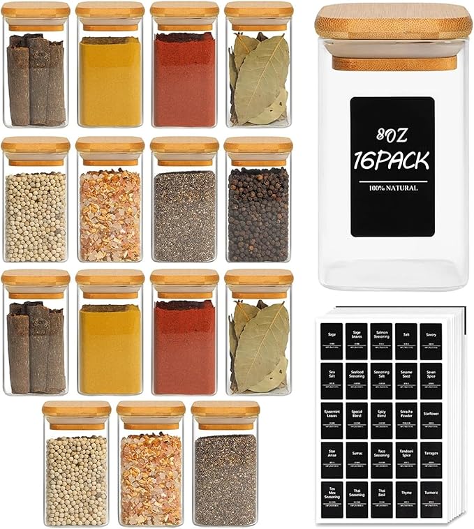 ComSaf Spice Jars with Labels 8 oz 16Pack, Small Spice Containers Starter Set, Glass Seasoning Jars with Lids, Square Seasoning Containers for Salt, Pepper, Chili Powder, Sugar, Loose Tea Storage-Ruum Studio Home