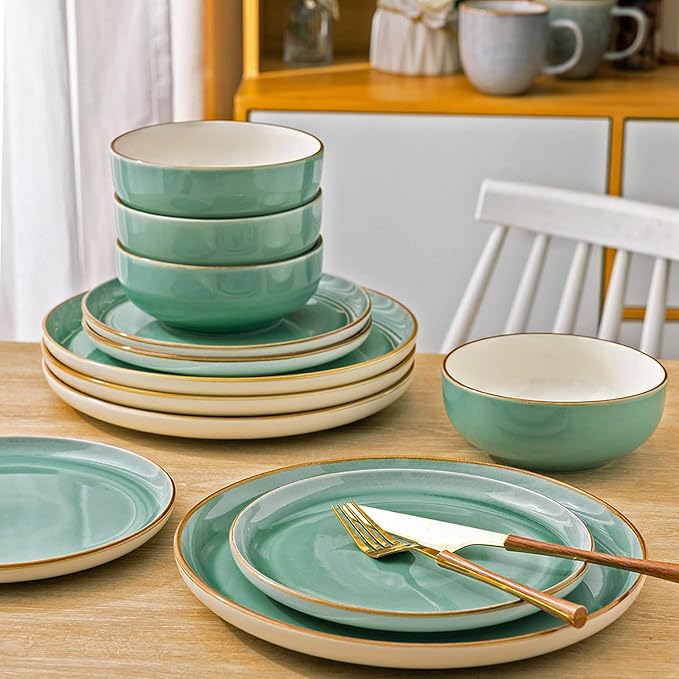 GBHOME Ceramic Dinnerware Sets, 18 Pieces Stoneware Dinnerware Set, Plates and Bowls Sets, Dishwasher & Microwave Safe,Dishes Set | Service for 6-Ruum Studio Home