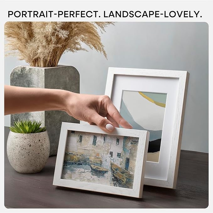 Homeforia 6x8 Picture Frame White, High End Oak 8x6 Wooden Frames with Mat 7x5 Print, 6 x 8 White Wood Frame Matted to 5 x 7 inch Photo, 6by8 Wall or Tabletop Frame, Tempered Glass, Wall Kit, Set of 1-Ruum Studio Home