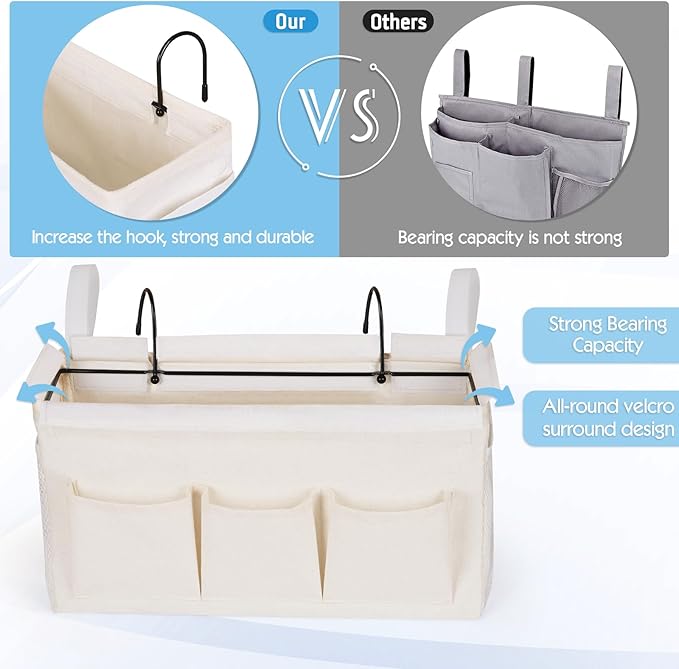 Bedside Storage Caddy/Bedside Hanging Storage Bag for Headboards Bunk Beds Dorm Rooms Book Phone Magazine Holder (New White)-Ruum Studio Home