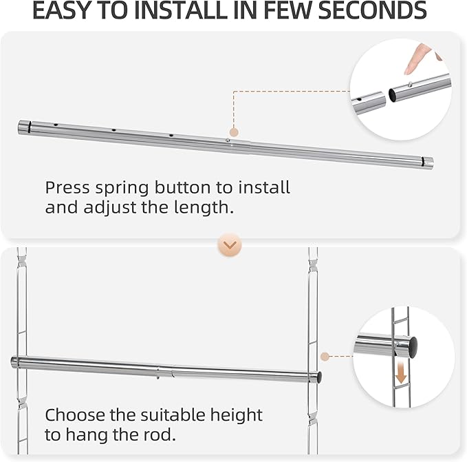 STORAGE MANIAC Hanging Closet Rod, Adjustable Width and Height Closet Hanging Organizer, Space-Saving Clothes Hanging Bar, Closet Extender Hanging Rod Double Closet Hanging Rod, 1 Pack Chrome-Ruum Studio Home