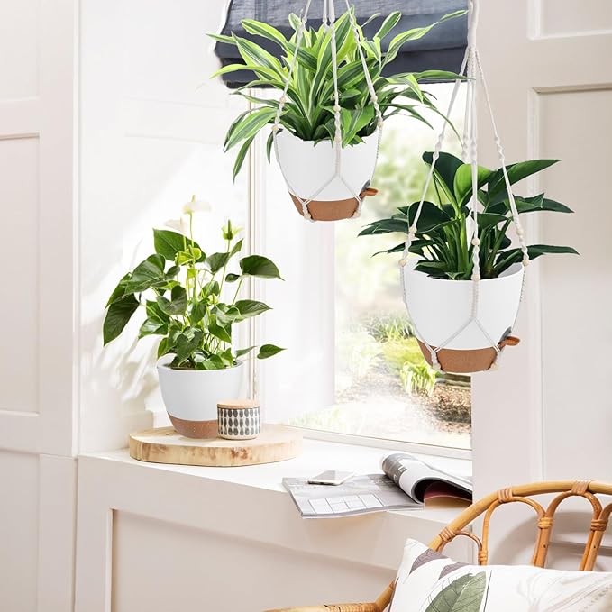 41.5 Inch Macrame Plant Hanger Indoor Outdoor with 12 Inch Flower Pot, Hanging Planter for Plants Holder with Wood Beads for Boho Home Decor (Ivory+White)-Ruum Studio Home