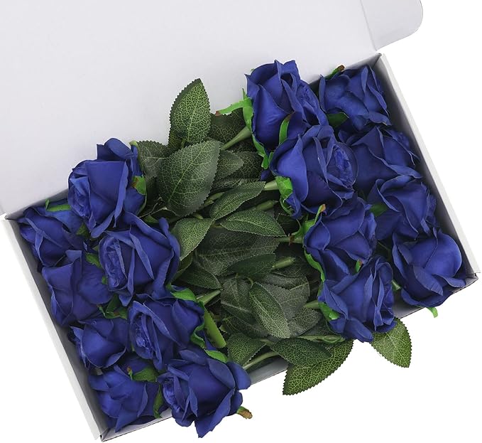 Blue Fake Roses Artificial Flowers - 16 Pcs Fake Artificial Roses Silk Flowers with Stems for Home Wedding Hotel Office Centerpiece Decor（Navy Blue）-Ruum Studio Home