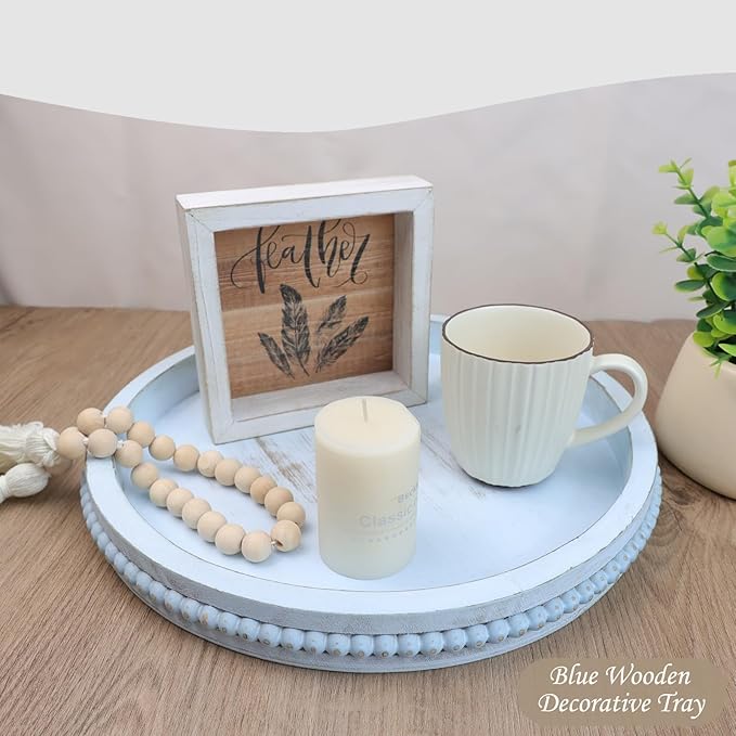 Round Wood Serving Tray with Beads, Blue Washed Wooden Decorative Tray for Entertaining, Decoration, and Gifting-Ruum Studio Home