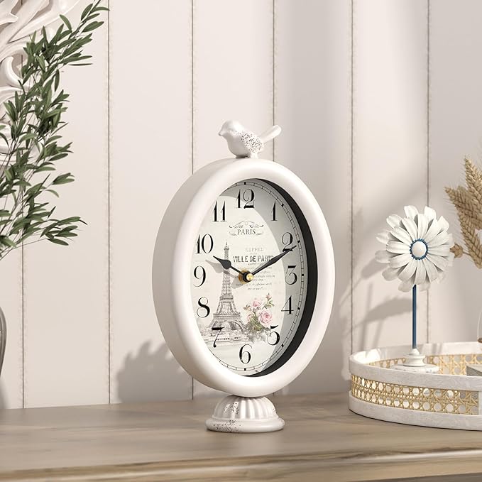 Vintage Table Clock with Bird, Desk and Shelf Decor Clock, French Paris Style, Antique White Metal Mantel Clocks for Living Room, Farmhouse, Bedroom, Bedside, Gift (10" H x 5.9" W)-Ruum Studio Home
