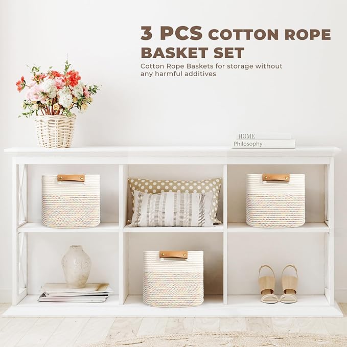 danpinera 11"x11" Storage Cubes, Soft Boho Storage Basket with Neat Stitching, 3-Pack Cube Storage Organizer, Woven Baskets for Storage in Living Room, Kids Room, Bedroom, Rainbow-Ruum Studio Home