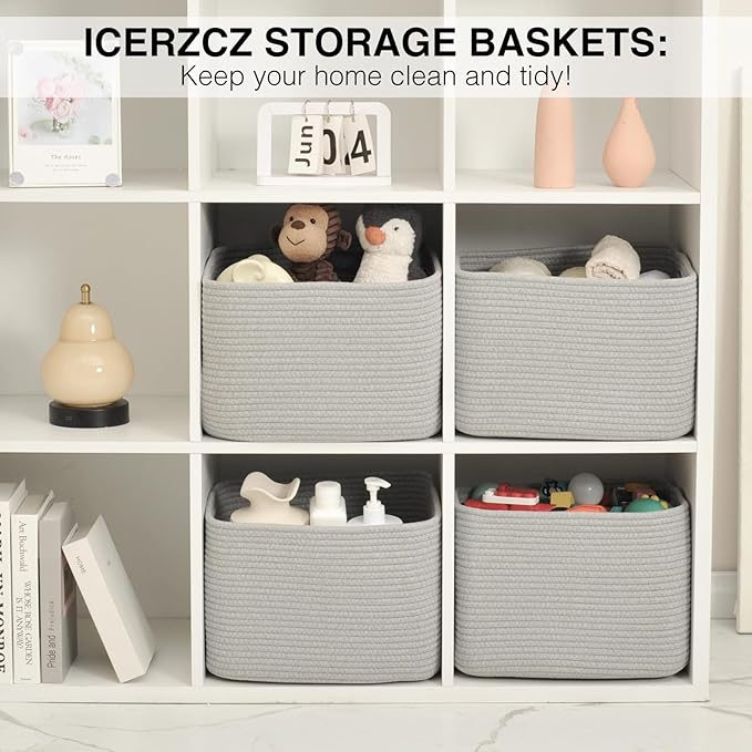 Storage Baskets for Organizing & Shelves, Woven Cotton Rope Organization Bins for Dog Toys, Clothes, Books, Nursery Organizer, 15" Lx11 Wx9.5 H, (4 Packs) Grey-Ruum Studio Home