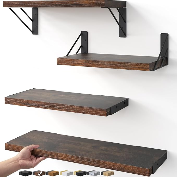 BAYKA Wall Shelves for Bedroom Decor, Floating Wall Shelves for Living Room Kitchen Storage, Wall Mounted Rustic Wood Floating Shelves for Kids Books, Corner Shelf for Bathroom(Rustic Brown，Set of 4)-Ruum Studio Home