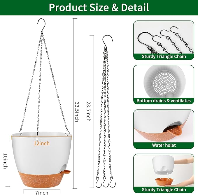 GARDIFE Large Hanging Planter, 12 inch Hanging planters for Indoor. Outdoor Plants, Self Watering Plant Pot, Plant Hanger, White-Ruum Studio Home