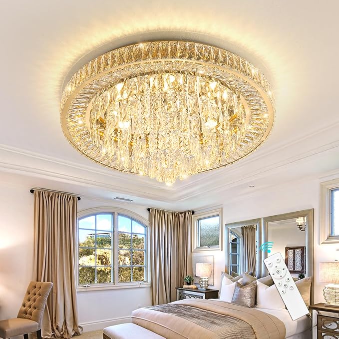 Modern Crystal Chandeliers for Living Room Ceiling Light Fixture LED Dimmable Lamp with Remote Pendant Lighting Flush Mount Ceiling Light for Dining Room Bedrooms Foyer-Ruum Studio Home
